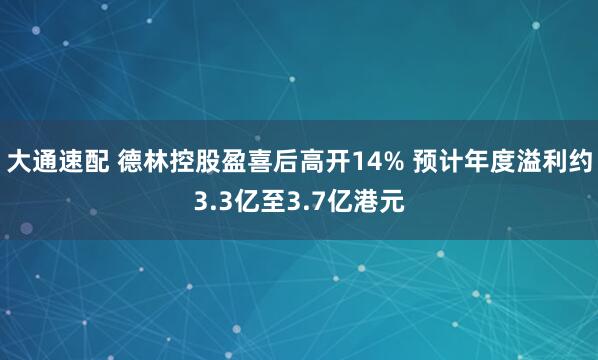 大通速配 德林控股盈喜后高开14% 预计年度溢利约3.3亿至3.7亿港元